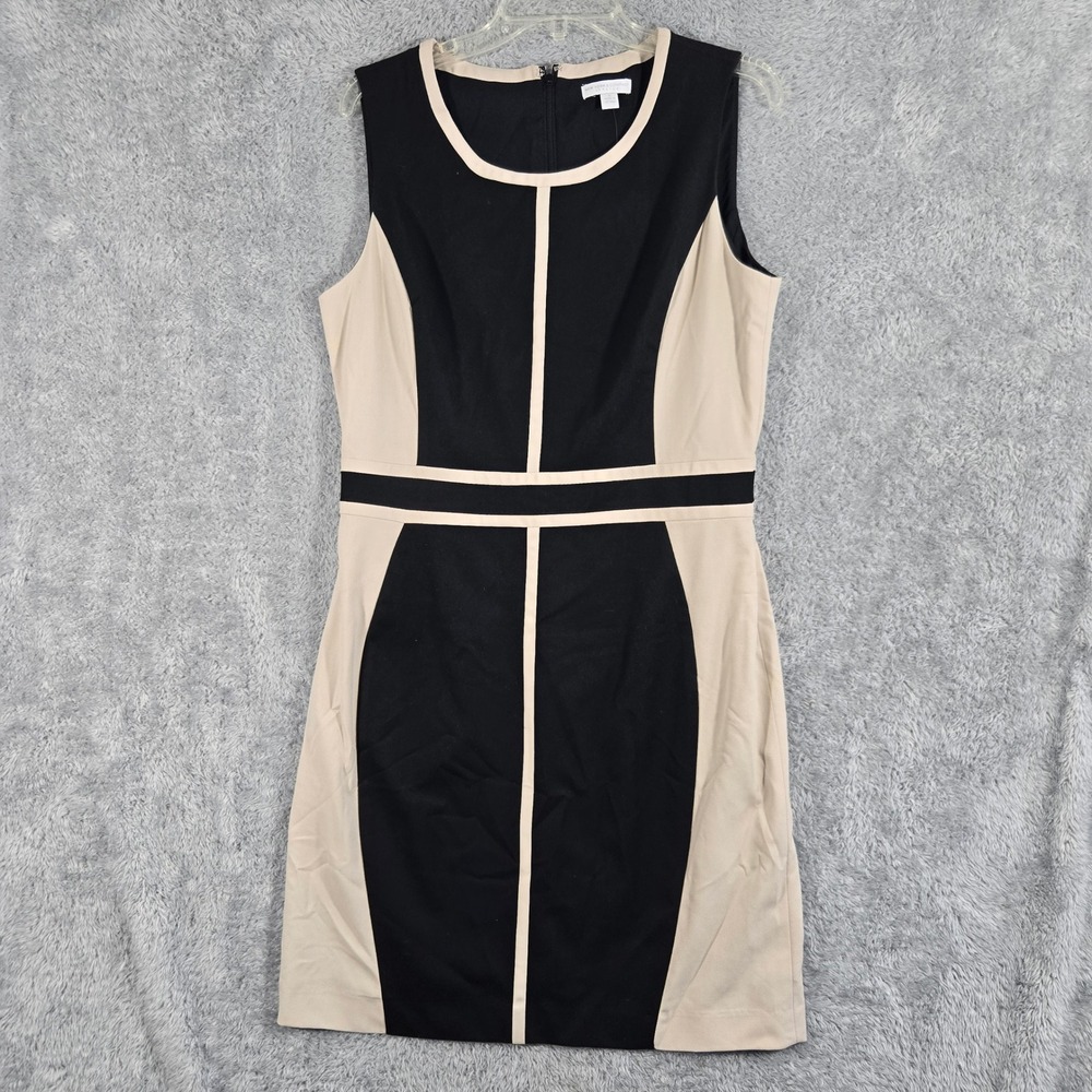 New York & Company Women Black Tan Colorblock Sheath Dress 12 Stretch Sleeveless
